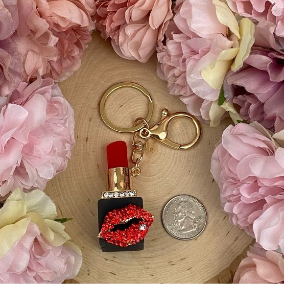 Red Lipstick with Crystal Lips Keychain Charm - Picture 15 of 16